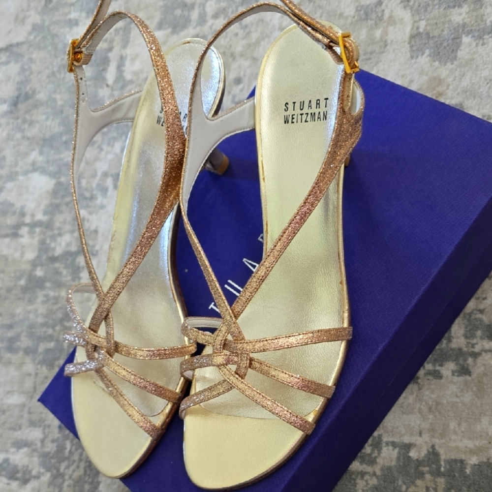 NIB Stuart Weitzman Gold Glitter Dress Heels 9.5